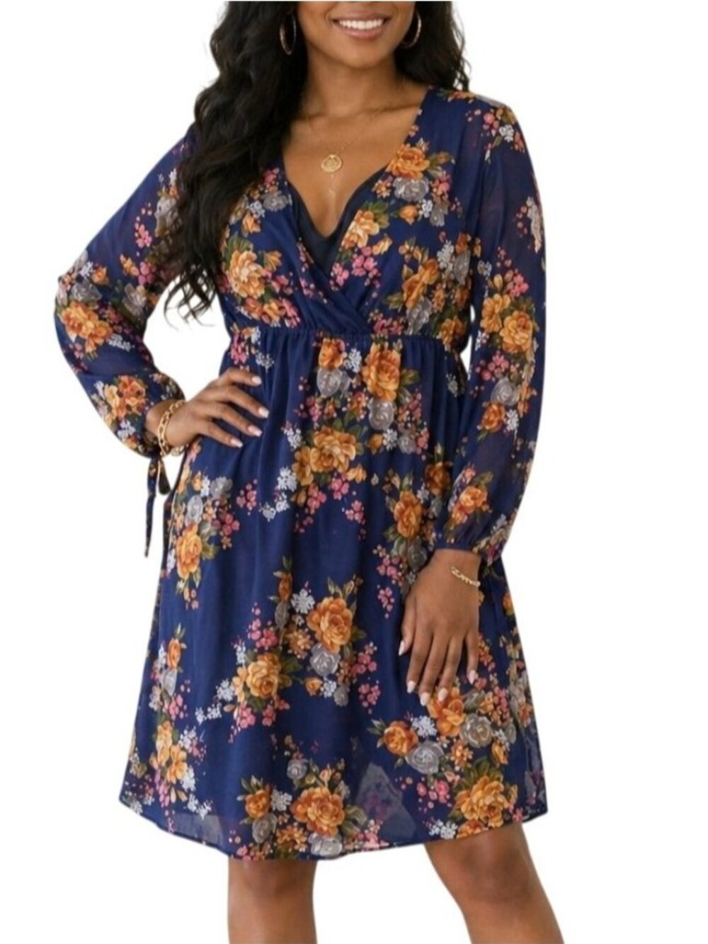 Charlotte Russe Size Medium Dress Midi Floral V-Neck Tie-Back Long Sheer Sleeves